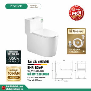 Bồn cầu 1 khối EHR-B369 chính hãng, men sứ bảo hành lên tới 10 năm.